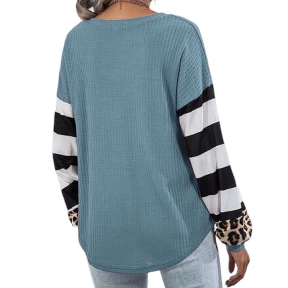 Oversized Waffle Knit Striped V neck Top Teal Blue sz XXL -18-20 - Picture 4 of 4